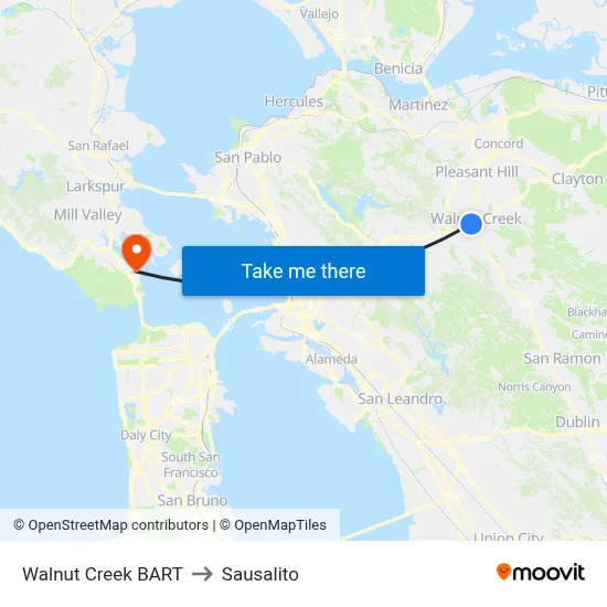 Walnut Creek BART to Sausalito map