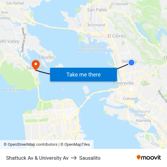 Shattuck Av & University Av to Sausalito map
