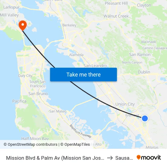 Mission Blvd & Palm Av (Mission San Jose High) to Sausalito map