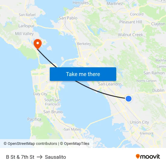 B St & 7th St to Sausalito map