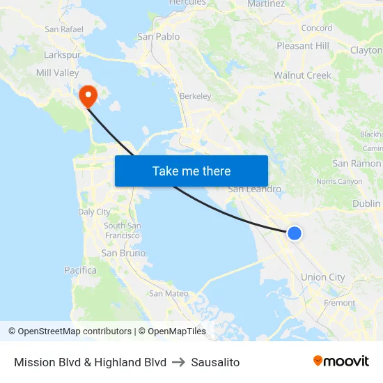 Mission Blvd & Highland Blvd to Sausalito map