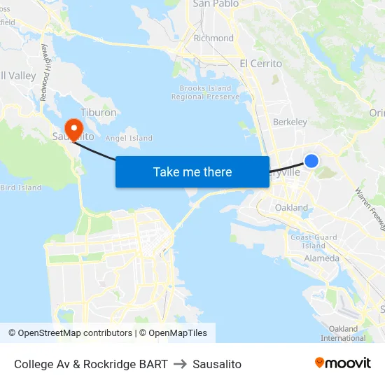College Av & Rockridge BART to Sausalito map