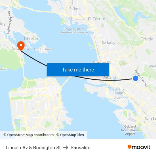 Lincoln Av & Burlington St to Sausalito map