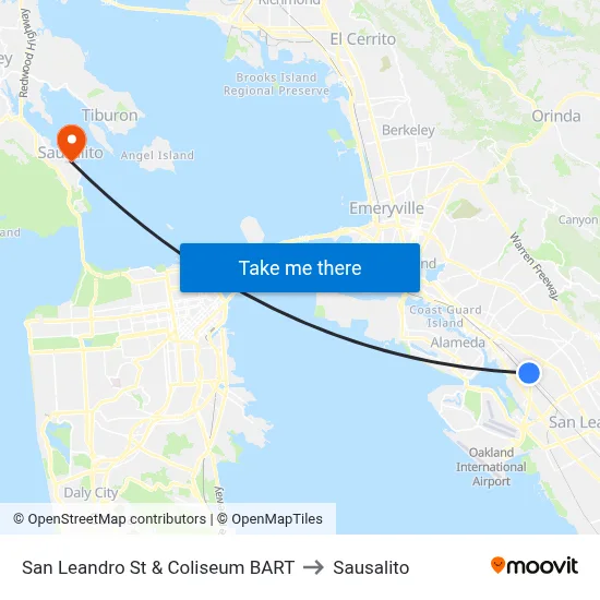 San Leandro St & Coliseum BART to Sausalito map
