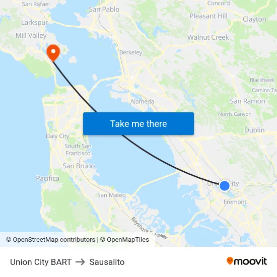 Union City BART to Sausalito map
