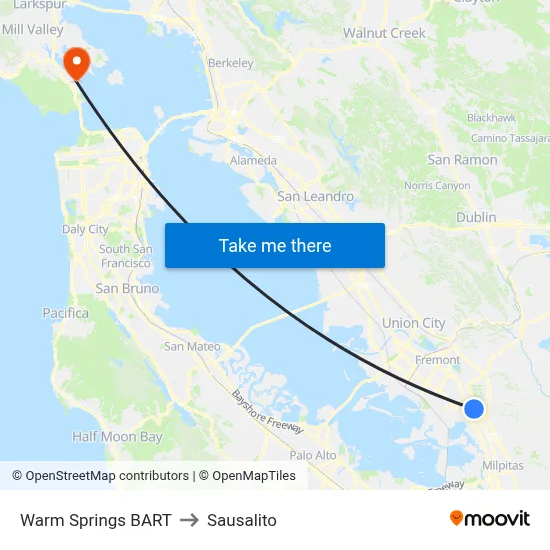Warm Springs BART to Sausalito map