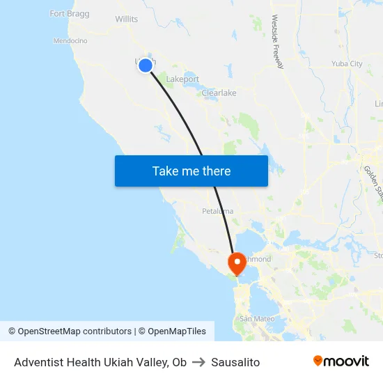 Adventist Health Ukiah Valley, Ob to Sausalito map