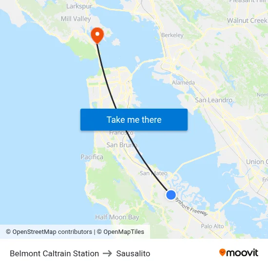Belmont Caltrain Station to Sausalito map