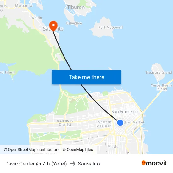 Civic Center @ 7th (Yotel) to Sausalito map