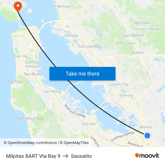 Milpitas BART Vta Bay 9 to Sausalito map