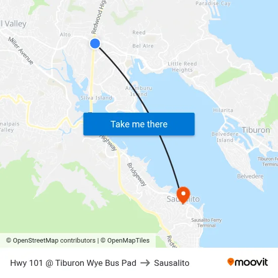 Hwy 101 @ Tiburon Wye Bus Pad to Sausalito map