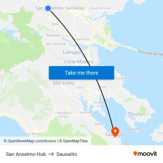 San Anselmo Hub to Sausalito map