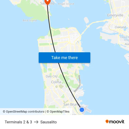 Terminals 2 & 3 to Sausalito map