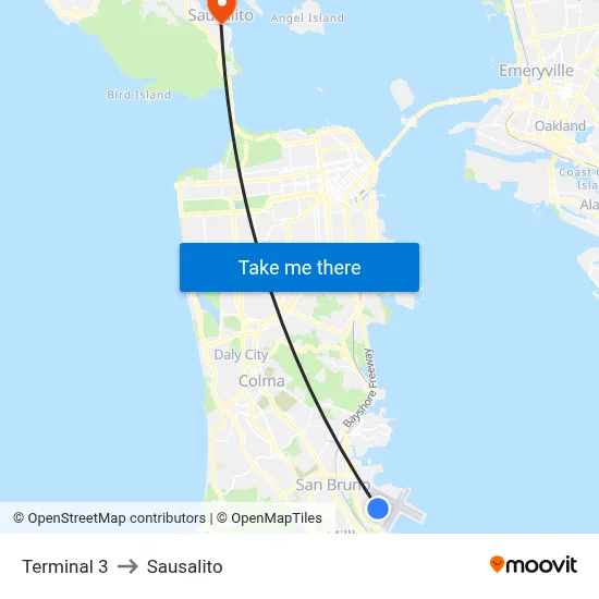 Terminal 3 to Sausalito map