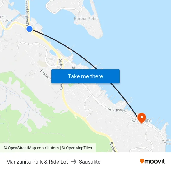Manzanita Park & Ride Lot to Sausalito map
