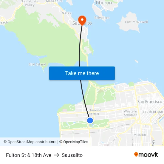 Fulton St & 18th Ave to Sausalito map