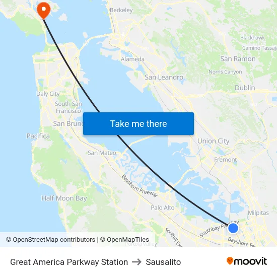 Great America Parkway Station to Sausalito map