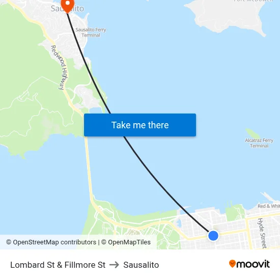 Lombard St & Fillmore St to Sausalito map