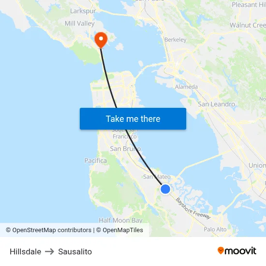 Hillsdale to Sausalito map