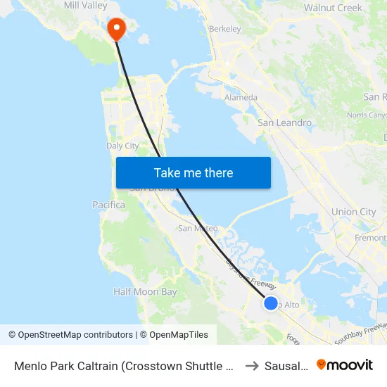 Menlo Park Caltrain (Crosstown Shuttle Stop) to Sausalito map