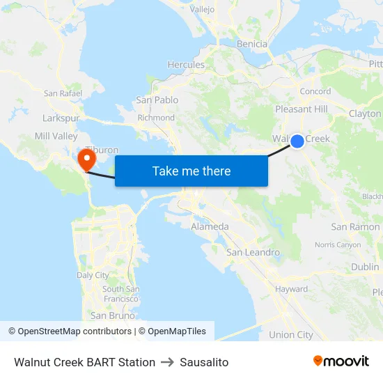 Walnut Creek BART Station to Sausalito map