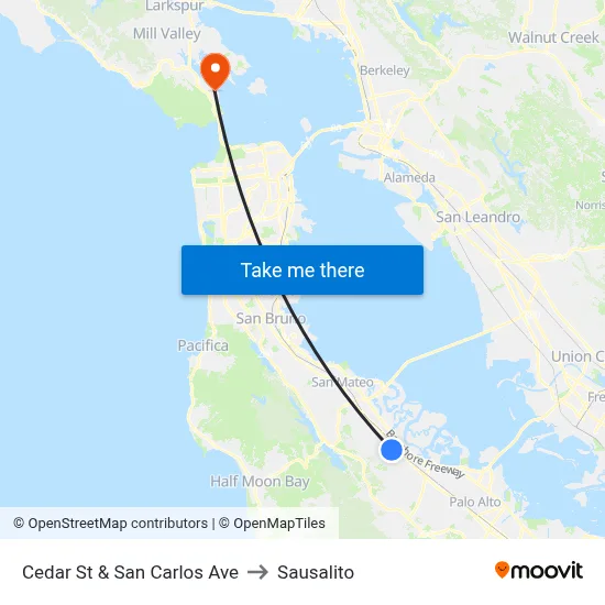 Cedar St & San Carlos Ave to Sausalito map