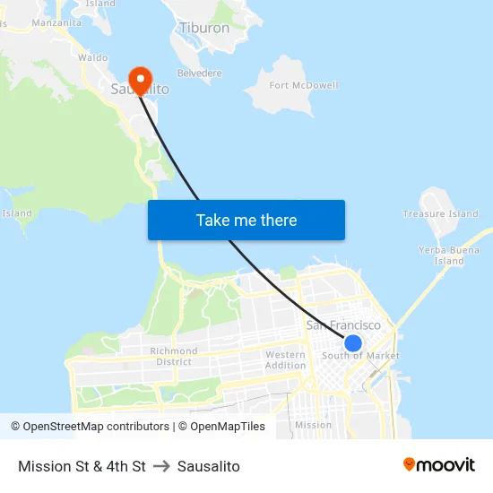 Mission St & 4th St to Sausalito map