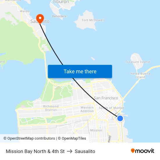 Mission Bay North & 4th St to Sausalito map