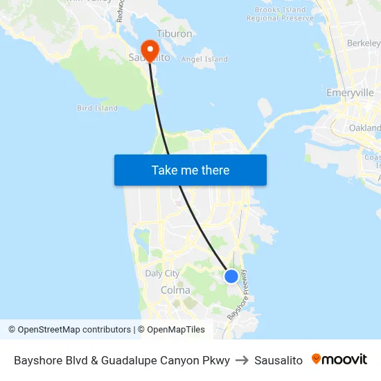 Bayshore Blvd & Guadalupe Canyon Pkwy to Sausalito map
