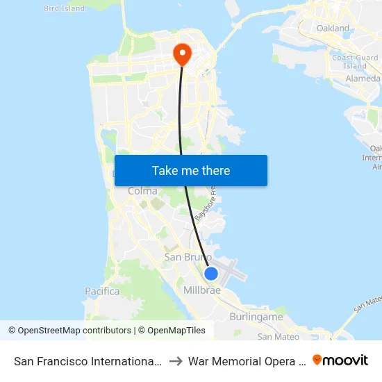 San Francisco International Airport to War Memorial Opera House map