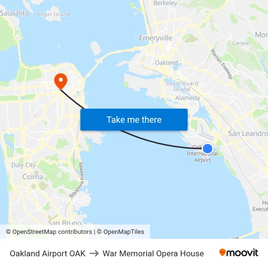 Oakland Airport OAK to War Memorial Opera House map