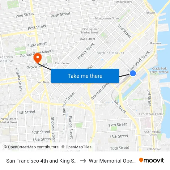 San Francisco 4th and King Street Station to War Memorial Opera House map