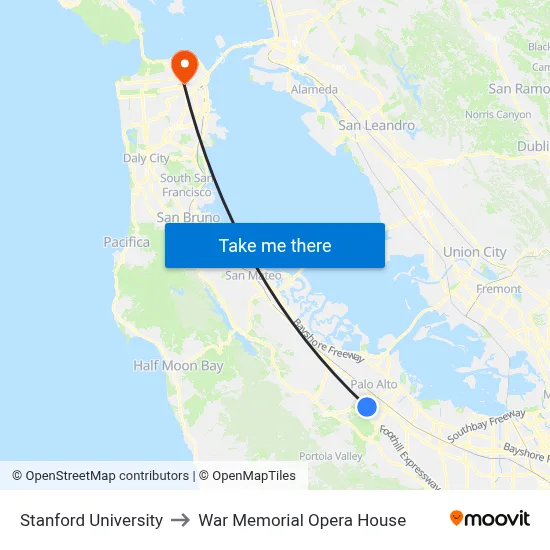 Stanford University to War Memorial Opera House map