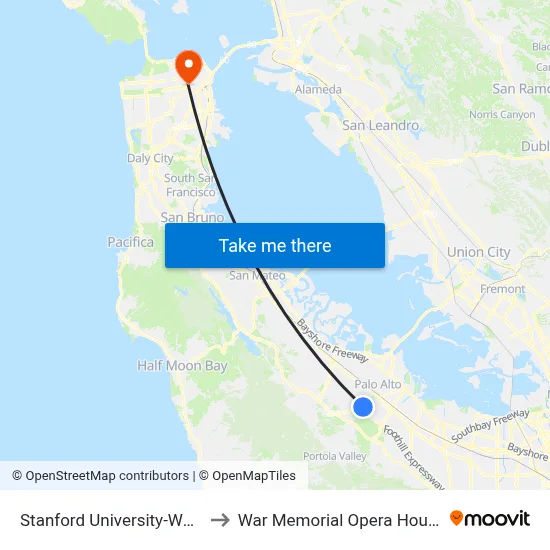 Stanford University-West, 355 Galvez St to War Memorial Opera House map