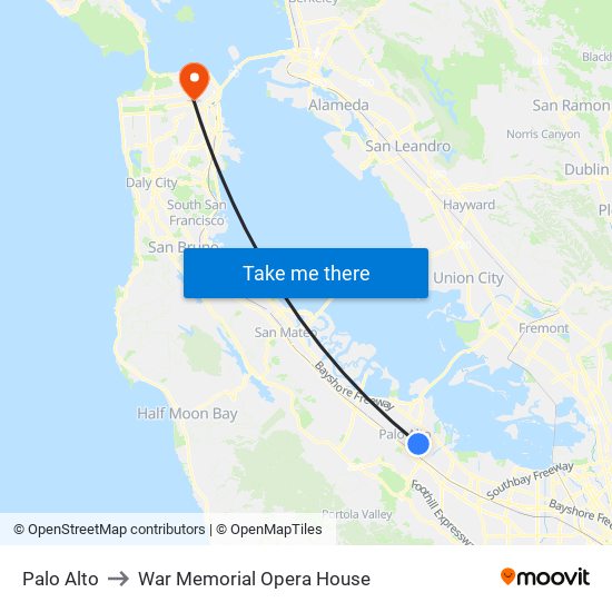 Palo Alto to War Memorial Opera House map