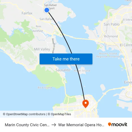 Marin County Civic Center to War Memorial Opera House map