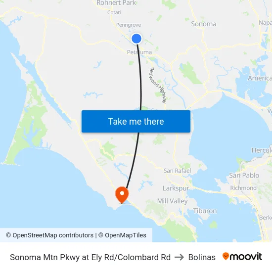 Sonoma Mtn Pkwy at Ely Rd/Colombard Rd to Bolinas map