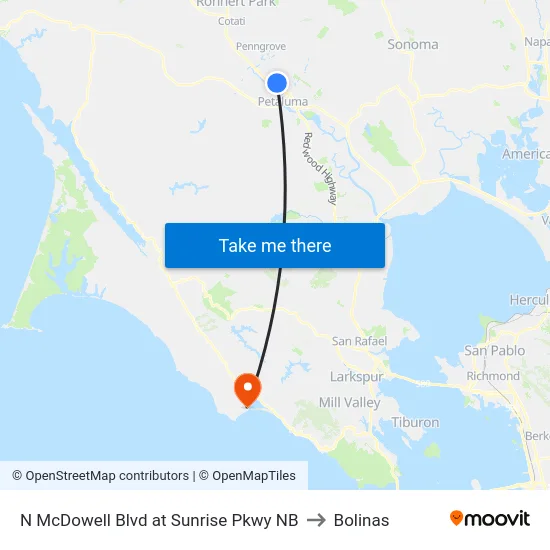 N McDowell Blvd at Sunrise Pkwy NB to Bolinas map