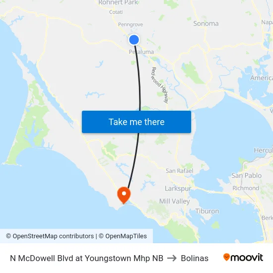N McDowell Blvd at Youngstown Mhp NB to Bolinas map