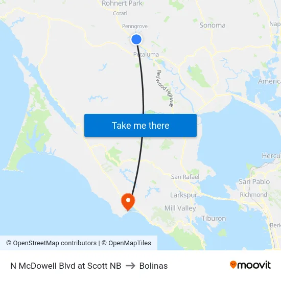 N McDowell Blvd at Scott NB to Bolinas map