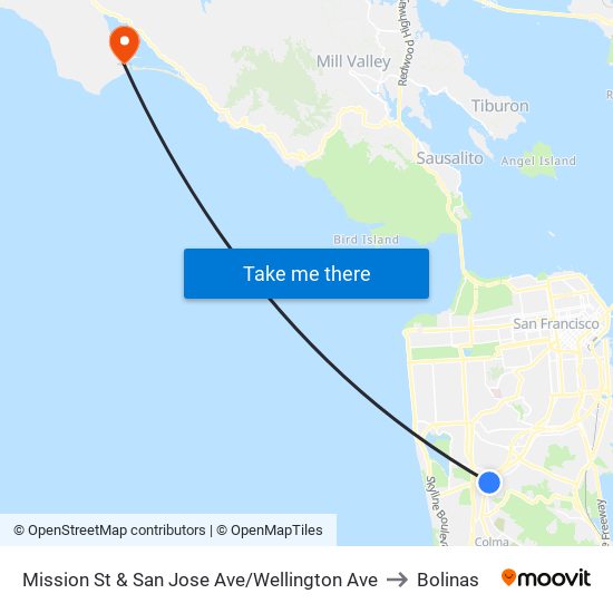 Mission St & San Jose Ave/Wellington Ave to Bolinas map