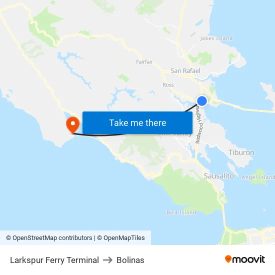 Larkspur Ferry Terminal to Bolinas map
