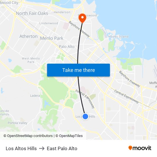 Los Altos Hills to East Palo Alto map