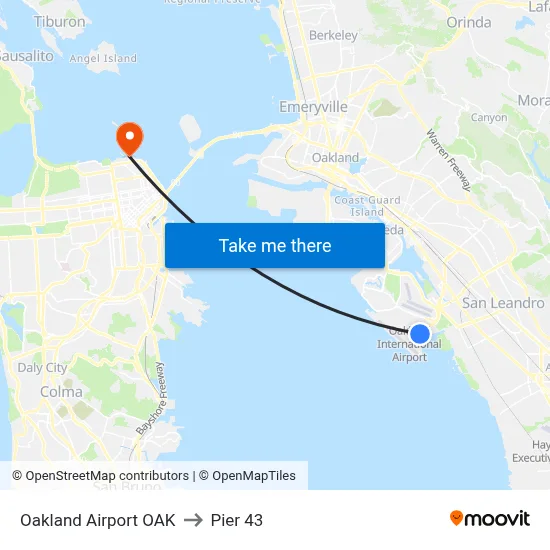 Oakland Airport OAK to Pier 43 map