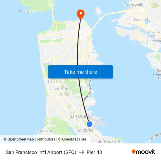 San Francisco Int'l Airport (SFO) to Pier 43 map