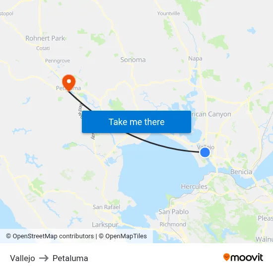 Vallejo to Petaluma map