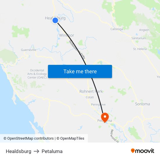 Healdsburg to Petaluma map