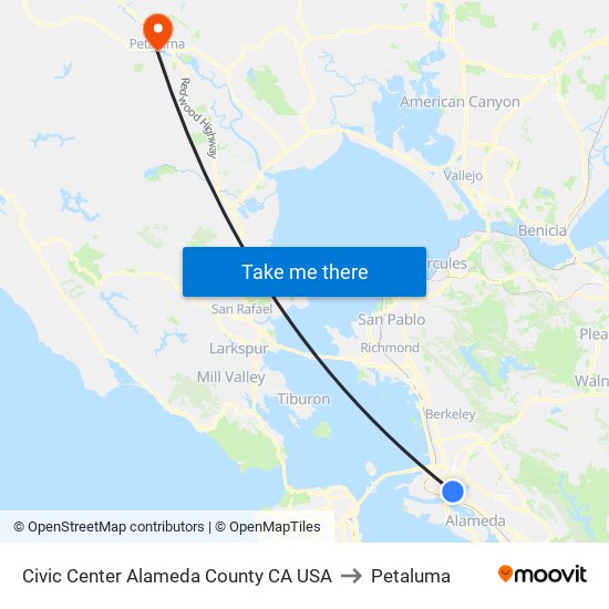 Civic Center Alameda County CA USA to Petaluma map