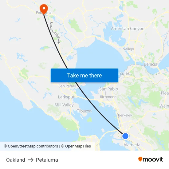 Oakland to Petaluma map
