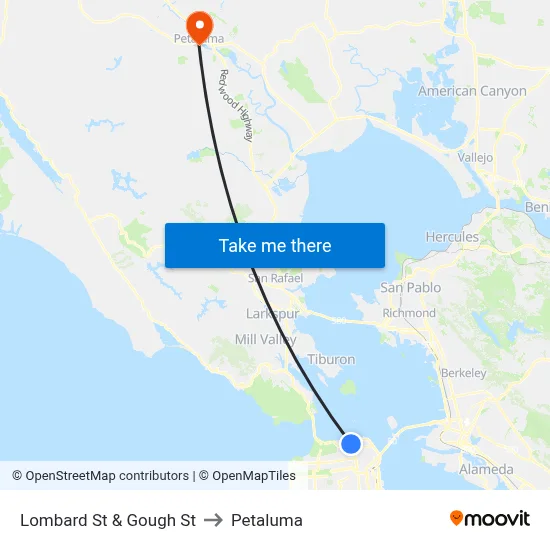 Lombard St & Gough St to Petaluma map